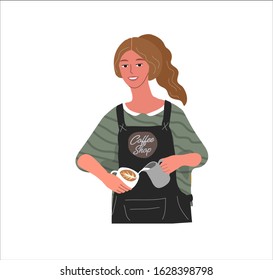 Coffee shop hand drawn collection . Cartoon woman barista character make cappuccino or latte art. Smiling cute girl in apron of coffee shop . Vector illustration