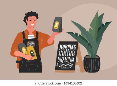 Coffee shop hand drawn collection . Cartoon man barista character standing next to stand with handwritten quote, near entrance to cafe and sells packaged coffee. Vector illustration