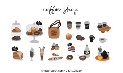 Coffee Shop Hand Drawn Collection . Cartoon Constructor Set. Small Business, Coffee Pots, Dessert Sweets, Pancakes And Cookies, Donut, Bread, Cake. Vector Illustration