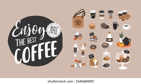 Coffee shop hand drawn collection . Cartoon constructor set. Small business, logo lettering and quote, coffee pots, dessert sweets, pancakes, cookies, donut, bread, cake. Vector illustration