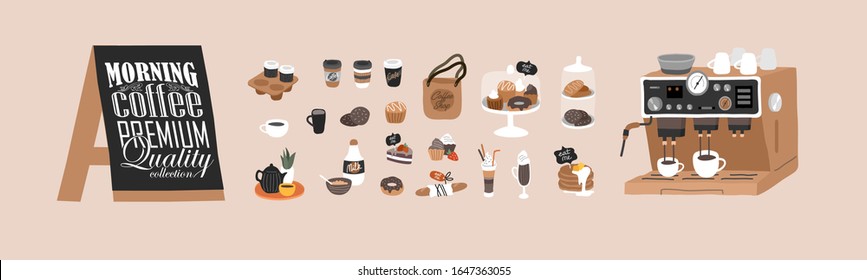 Coffee shop hand drawn collection . Cartoon constructor set. Small business, logo lettering and quote, coffee pots, dessert sweets, coffee machine and stand. Vector illustration