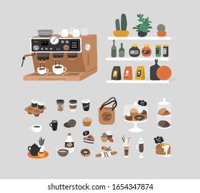 Coffee shop hand drawn collection . Cartoon constructor set. Small business, logo lettering and quote, coffee pots, dessert sweets, coffee machine and stand. Vector illustration