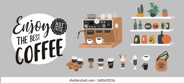 Coffee shop hand drawn collection . Cartoon constructor set. Small business, logo lettering and quote, coffee pots, dessert sweets, coffee machine and stand. Vector illustration