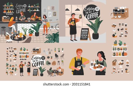 Coffee shop hand drawn collection. Cartoon constructor set. Small business, houseplant and interior decoration, logo lettering and quote, barista character, coffee pots sweets