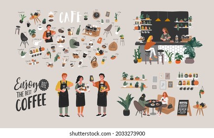 Coffee shop hand drawn collection . Cartoon constructor set. Small business, houseplant and interior decoration, logo lettering and quote, barista character