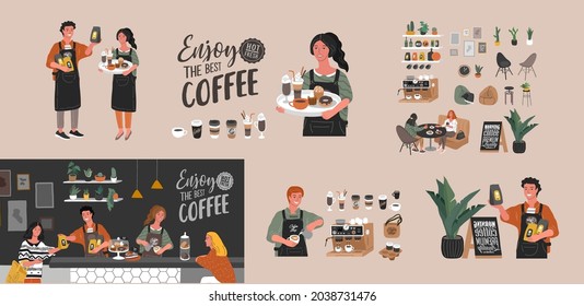 Coffee shop hand drawn collection . Cartoon constructor set. Small business, houseplant and interior decoration, logo lettering and quote, barista character