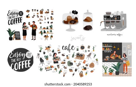 Coffee shop hand drawn collection . Cartoon constructor set. Small business, houseplant and interior decoration, logo lettering and quote, barista character