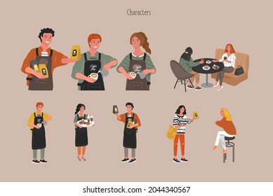 Coffee shop hand drawn collection . Cartoon constructor set. Small business, houseplant and interior decoration, logo lettering and quote, barista character