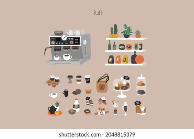 Coffee shop hand drawn collection . Cartoon constructor set. Small business, houseplant and interior decoration, logo lettering and quote, barista character