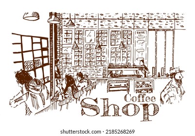 Coffee shop Hand drawn, Vector Illustration, Sketch.