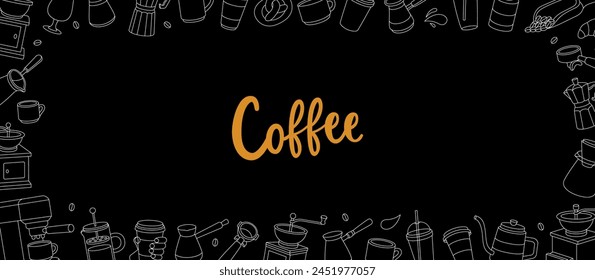 Coffee shop horizontal banner. Hand drawn elements for cafe menu, coffee shop. Beans, drinks, cups, pot, package, grinder, filter, portafilter, kettle