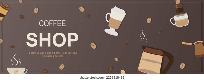 Coffee shop horizontal web banner. Beverage cups, beans, cezve, espresso, cappuccino, latte and other hot drinks in mugs. Vector illustration for header website, cover templates in modern design