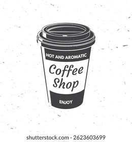 Coffee shop. Hot and aromatic. Vector illustration. Concept for cafe and restaurant logo, brand, label. Logo with Reusable coffee cup.