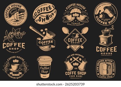 Cafetería. Caliente y aromático. Vector. Concepto para el logotipo de la cafetería y del restaurante, marca, etiqueta con la taza de café de papel, rama del árbol de café, silueta del molinillo