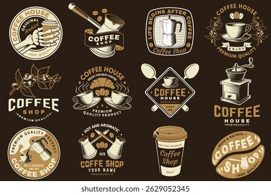 Cafetería. Caliente y aromático. Vector. Concepto para el logotipo de la cafetería y del restaurante, marca, etiqueta con la taza de café de papel, rama del árbol de café, silueta del molinillo