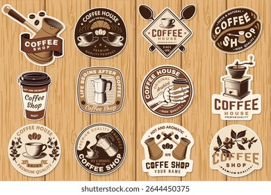 Coffee shop. Hot and aromatic. Vector. Concept for cafe and restaurant logo, brand, label with paper coffee cup, branch of coffee tree, grinder silhouette