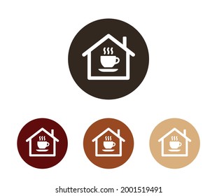 Coffee shop in house icon set. Hot drink in cup symbol. Vector illustration
