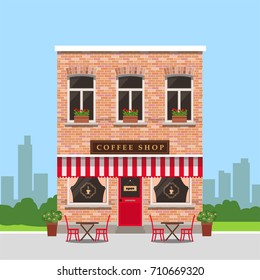 Coffee Shop House With Outside Tables And City Landscape, Trendy Flat Style Vector Design Template