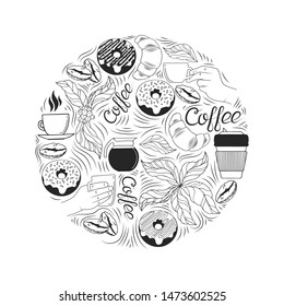 Coffee shop or house round frame for  with vintage leaves and beans, hands holding espresso and cappuccino cups, donuts and croissant. Vector isolated illustration.