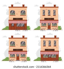 Coffee shop, coffee house, coffee store or cafe buildings set. Facade or exterior of coffee shop with sun blind. Tables and chairs on the terrace in front of the cafe storefront. Vector illustration.