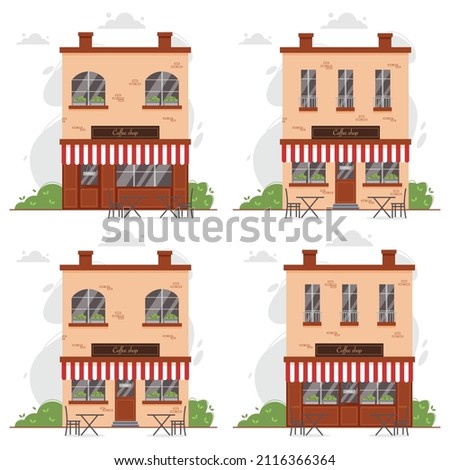 Coffee shop, coffee house, coffee store or cafe buildings set. Facade or exterior of coffee shop with sun blind. Tables and chairs on the terrace in front of the cafe storefront. Vector illustration.