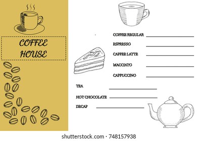 Coffee shop, house template doodle design. Coffee menu placemat food restaurant brochure. Vintage creative template with hand-drawn graphic. Coffee menu mock-up, flyer in sketch, retro style.