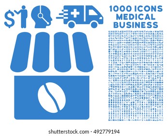 Coffee Shop icon with 1000 medical business cobalt vector design elements. Collection style is flat symbols, white background.