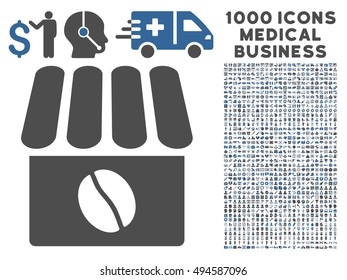 Coffee Shop icon with 1000 medical commercial cobalt and gray vector design elements. Collection style is flat bicolor symbols, white background.