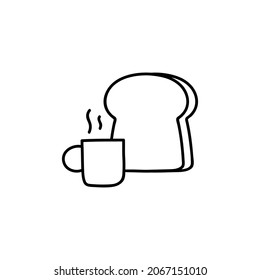 icono de la cafetería, desayuno, hilo de pan y café caliente al estilo de línea negra plana, aislado en blanco 