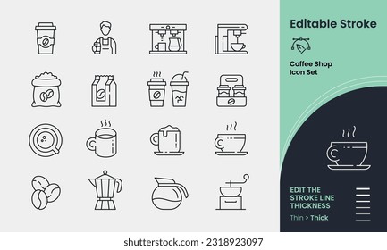 Coffee Shop Icon collection containing 16 editable stroke icons. Perfect for logos, stats and infographics. Edit the thickness of the line in any vector capable app. - Shutterstock ID 2318923097