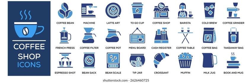Coffee Shop icon collection set. Containing design Coffee Cup, Coffee Bean, Espresso Machine, Latte Art, To Go Cup