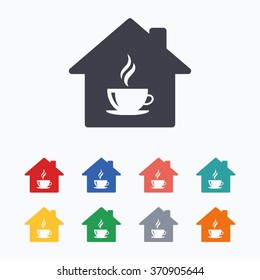 Coffee shop icon. Hot coffee cup sign. Hot tea drink with steam. Colored flat icons on white background.