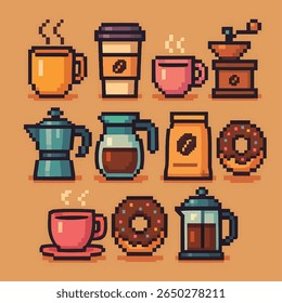 Coffee shop icon, pixel art, eps 10 illustration