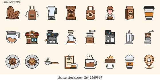 Coffee Shop Icon Set with Barista Tools Beans Cups Machines and Cafe Elements for Branding and Menu Design