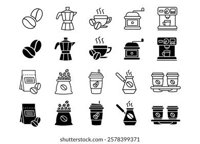 Coffee shop icon set. Coffee beans, paper cups and package pictogram. Espresso maker symbol. Cafe equipment and appliance. Beans grinder sign.