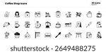 Coffee shop icon set. coffee, cup, mug, cafe, barista, espresso, latte, cappuccino, brew, roast, bean, grinder, machine, moka. Vector black fill icon illustration