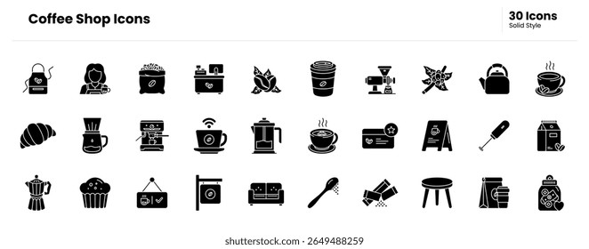 Café, xícara, caneca, café, barista, espresso, café, café com leite, cappuccino, cerveja, assado, feijão, moedor, máquina, moka. Ilustração de ícone sólido de vetor