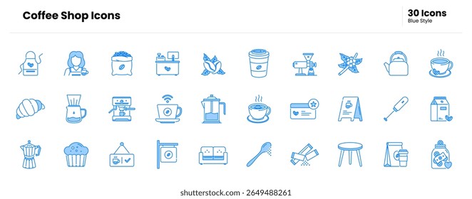 Coffee shop icon set. coffee, cup, mug, cafe, barista, espresso, latte, cappuccino, brew, roast, bean, grinder, machine, moka. Vector blue icon illustration
