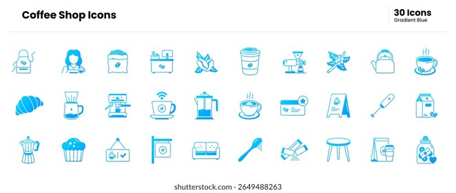 Coffee shop icon set. coffee, cup, mug, cafe, barista, espresso, latte, cappuccino, brew, roast, bean, grinder, machine, moka. Vector gradient blue icon illustration