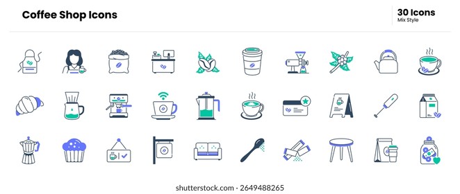 Coffee shop icon set. coffee, cup, mug, cafe, barista, espresso, latte, cappuccino, brew, roast, bean, grinder, machine, moka. Vector mix icon illustration