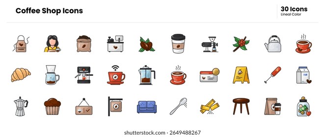 Coffee shop icon set. coffee, cup, mug, cafe, barista, espresso, latte, cappuccino, brew, roast, bean, grinder, machine, moka. Vector lineal color icon illustration