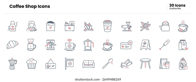 Coffee shop icon set. coffee, cup, mug, cafe, barista, espresso, latte, cappuccino, brew, roast, bean, grinder, machine, moka. Vector outline mix icon illustration