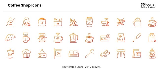 Café, xícara, caneca, café, barista, espresso, café, café com leite, cappuccino, cerveja, assado, feijão, moedor, máquina, moka. Ilustração do ícone de gradiente do contorno de vetor