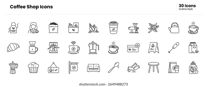 Coffee shop icon set. coffee, cup, mug, cafe, barista, espresso, latte, cappuccino, brew, roast, bean, grinder, machine, moka. Vector outline icon illustration
