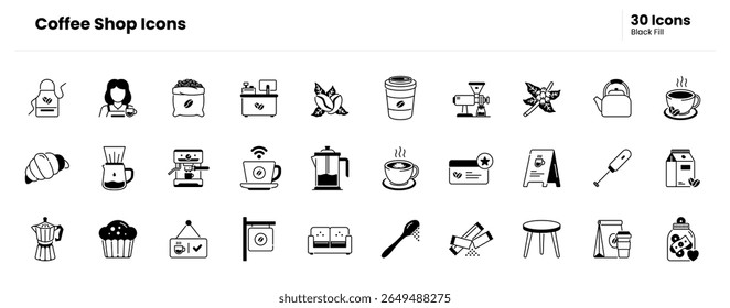 Café, xícara, caneca, café, barista, espresso, café, café com leite, cappuccino, cerveja, assado, feijão, moedor, máquina, moka. Ilustração do ícone de preenchimento preto vetorial