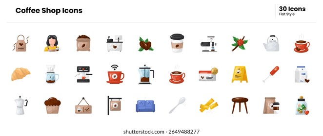 Café, xícara, caneca, café, barista, espresso, café, café com leite, cappuccino, cerveja, assado, feijão, moedor, máquina, moka. Ilustração de ícone plano de vetor