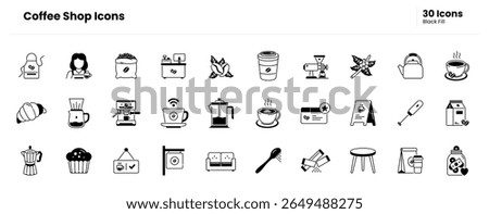 Coffee shop icon set. coffee, cup, mug, cafe, barista, espresso, latte, cappuccino, brew, roast, bean, grinder, machine, moka. Vector black fill icon illustration