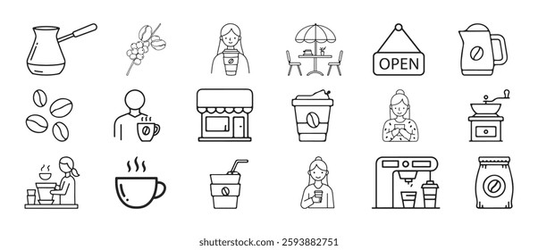 Coffee shop icon set is designed with editable vector icons that can be used on websites and apps.