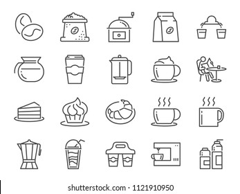 Coffee shop icon set. Included icons as cafe, coffee beans, coffee maker, machine, espresso, latte, glass pot and more.