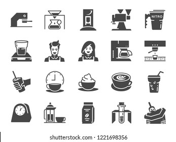 Coffee shop icon set. Included the icons as cafe, espresso, coffee maker, roaster machine, latte art, barista and more. svg